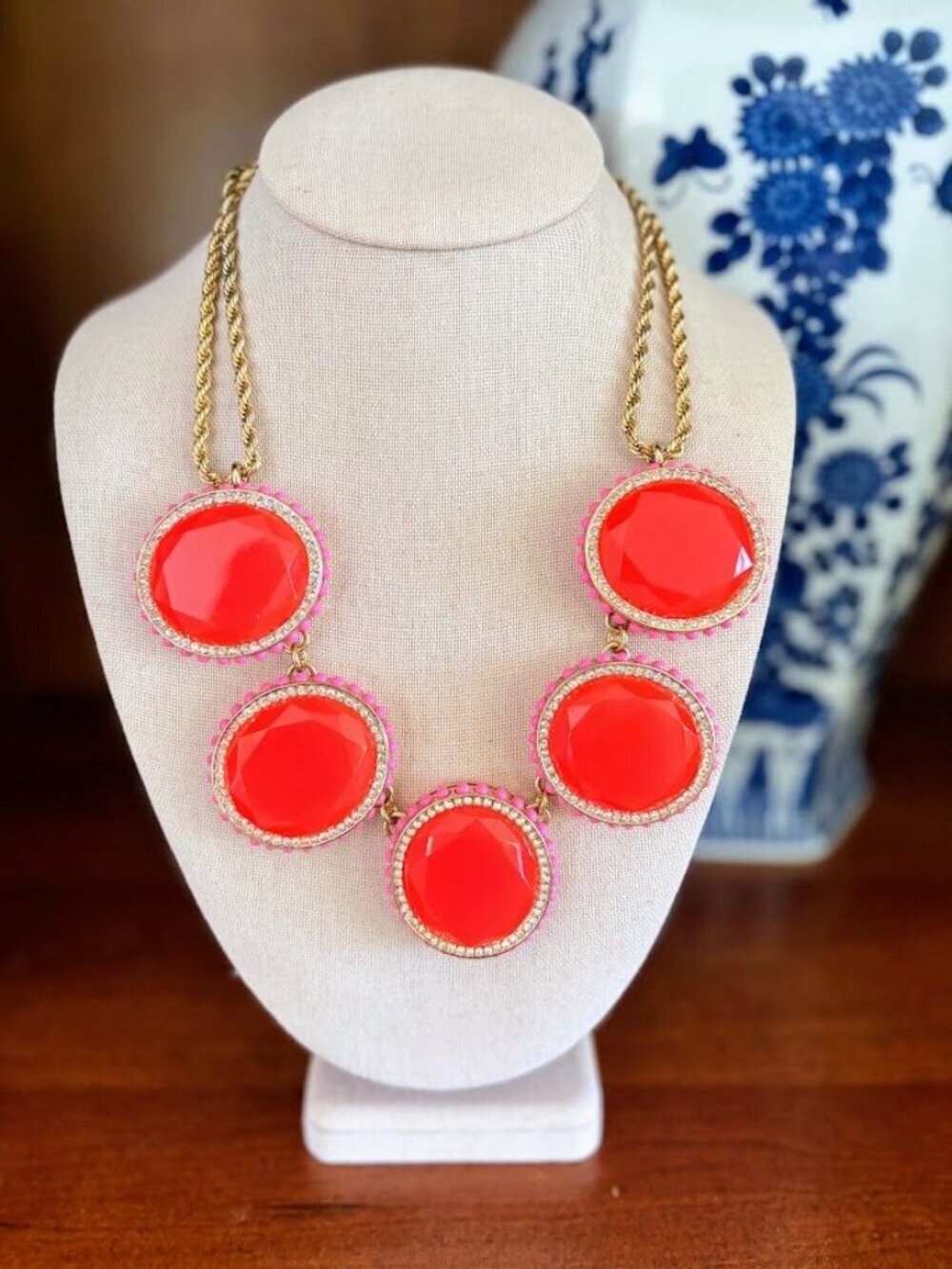 Banana Republic Neon Salmon Pink Crystal Statement Necklace
